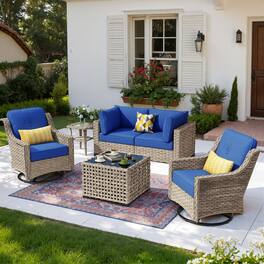 Ovios - 6 PCS Patio Furniture Sectional Sofa Set Swivel Rocking Chair with Coffee Table & Side Table - Navy Blue