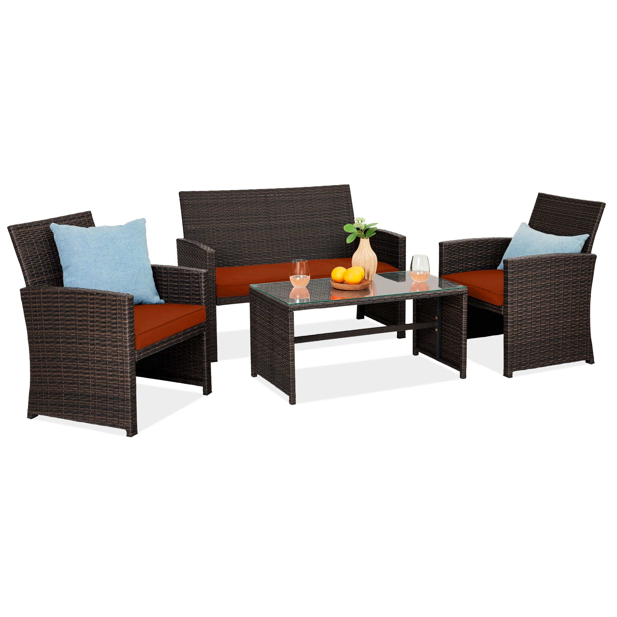 Front. Best Choice Products - Best Choice Products 4-Piece Outdoor Wicker Patio Conversation Furniture Set w/ Table, Cushions - Brown/Dark Rust - Brown/Dark Rust.