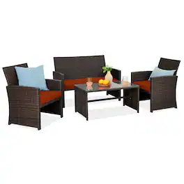 Best Choice Products - 4-Piece Outdoor Wicker Patio Conversation Furniture Set w/ Table, Cushions - Brown/Dark Rust