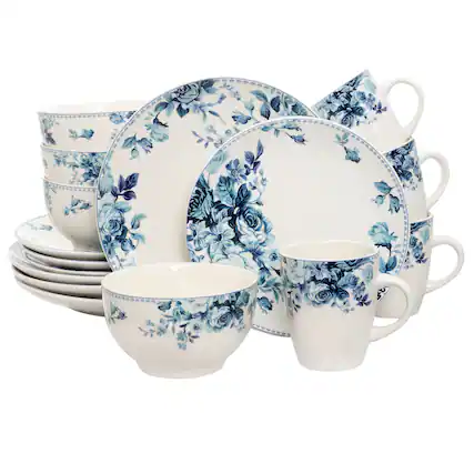 Front. Elama - Elama Traditional Blue Rose 16 Piece Dinnerware Set - Blue.