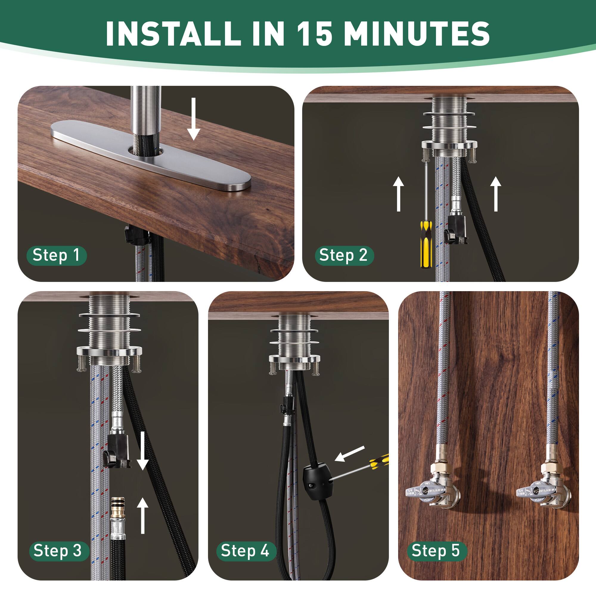 INSTALL IN 15 MINUTES

Step 1

Step 2

Step 3

Step 4

Step 5