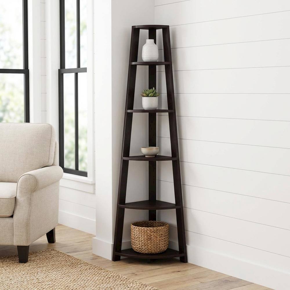 Alt View 1. FurniFact - Espresso 5-Tier Corner Bookshelf - Contemporary Style - Espresso.