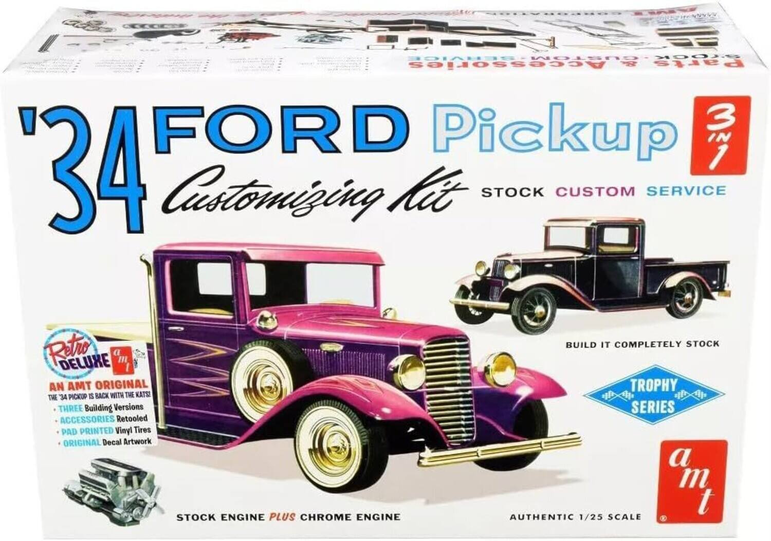 '34 FORD Pickup Customizing Kit  
3 IN 1  
STOCK CUSTOM SERVICE  

Retro Deluxe  
AN AMT ORIGINAL  
THE '34 PICKUP IS BACK WITH THE KATS!  
- THREE Building Versions  
- ACCESSORIES Retooled  
- PAD PRINTED Vinyl Tires  
- ORIGINAL Decal Artwork  

STOCK ENGINE PLUS CHROME ENGINE  
BUILD IT COMPLETELY STOCK  
TROPHY SERIES  

AUTHENTIC 1/25 SCALE  

a m t