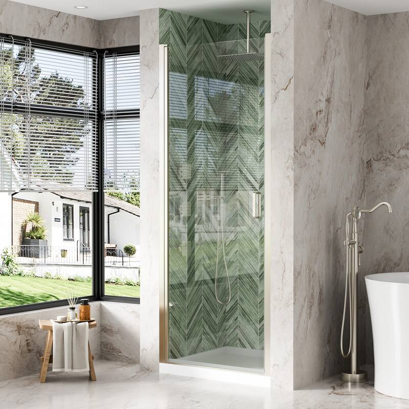 Alt View 1. WELLFOR - 30-7/16"-32"W x 72" H Semi-Frameless Pivot Shower Door -1/4 in. Tempered Glass, Easy Clean Coating - Brushed Nickel.