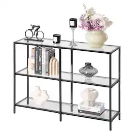 VEVOR - 3-Tier Glass Console Table, Modern Rectangle Sofa Side Table with Tempered Glass Top and Iron Legs - Black
