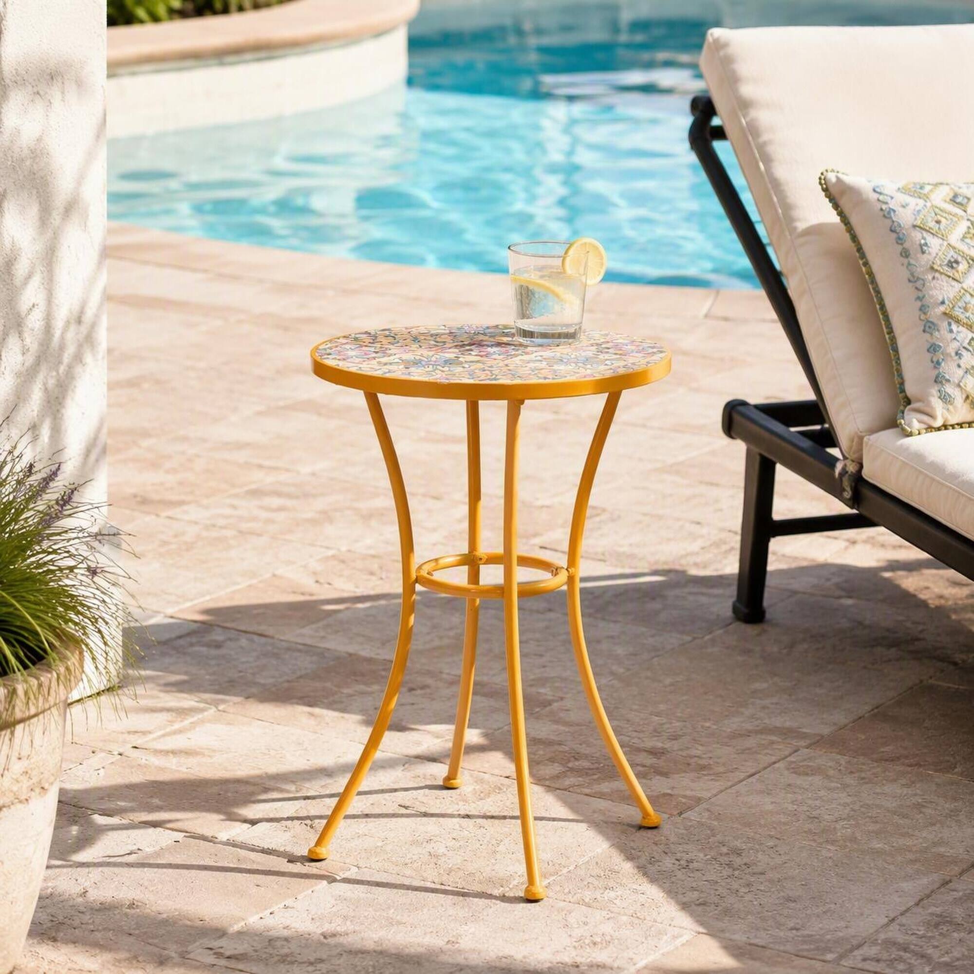 Alt View 1. RYHNUYNE - Sunny Yellow Mosaic Tile Outdoor Side Table with Powder-Coated Iron Legs for Patio Balcony - Yellow.
