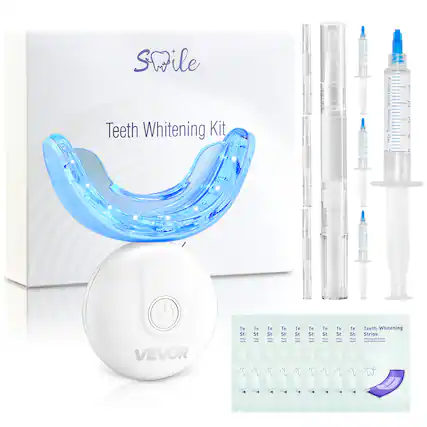 Sure, here is the corrected and grouped text from the image:
---
**Smile**
**Teeth Whitening Kit**
**VEVOR**
**Professional Whitening Gel**
**Teeth-Whitening Strips**
---
This text is organized based on the visible elements in the image.