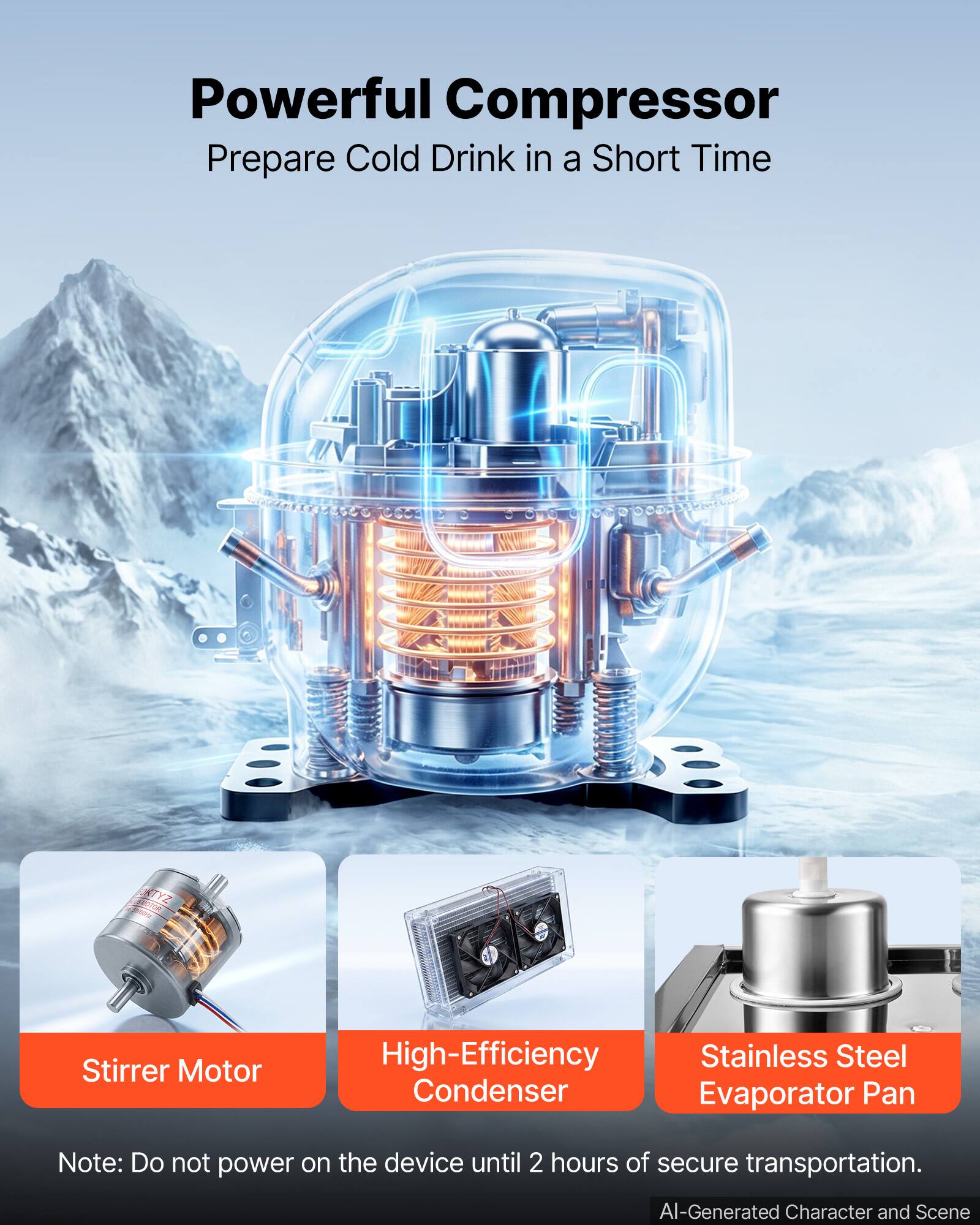 Powerful Compressor  
Prepare Cold Drink in a Short Time

SPOTOR KTYZ  
Stirrer Motor  
High-Efficiency Stainless Steel Condenser Evaporator Pan

Note: Do not power on the device until 2 hours of secure transportation.

AI-Generated Character and Scene