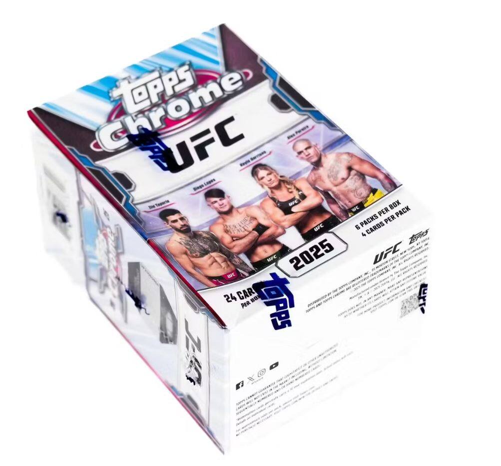 Topps Chrome UFC  
2025  

6 PACKS PER BOX  
6 CARDS PER PACK  

24 CARDS PER BOX  

UFC  
Topps  

EAN: [EAN number]  

[Additional text and images related to the product]