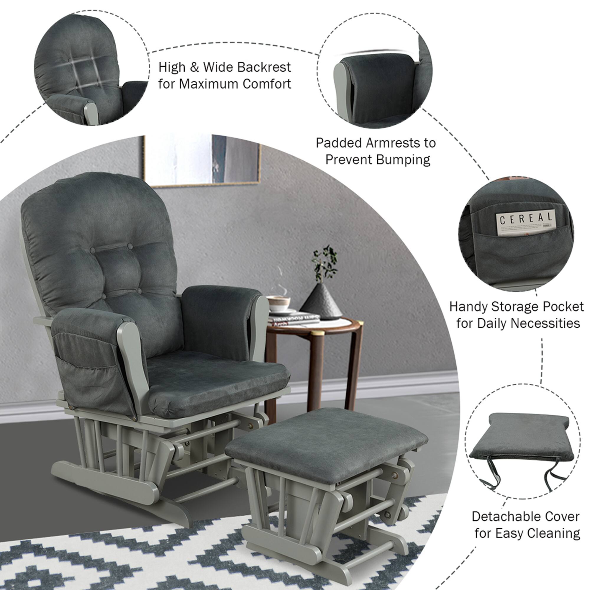 The text on the image is already grouped and correctly labeled. The image features a chair with a detachable cover for easy cleaning, padded armrests to prevent bumping, and a handy storage pocket for daily necessities. The chair also has a high and wide backrest for maximum comfort.