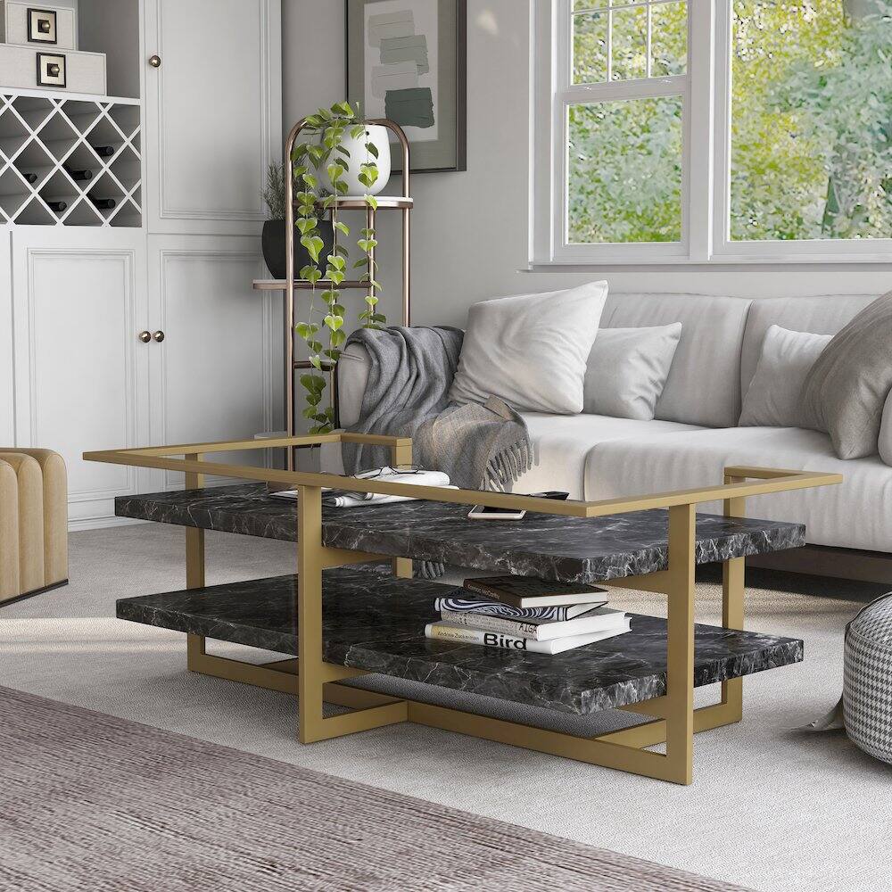 Alt View 3. Furniture of America - Meliman Metal 1-Shelf Coffee Table in Gold and Black - Black.