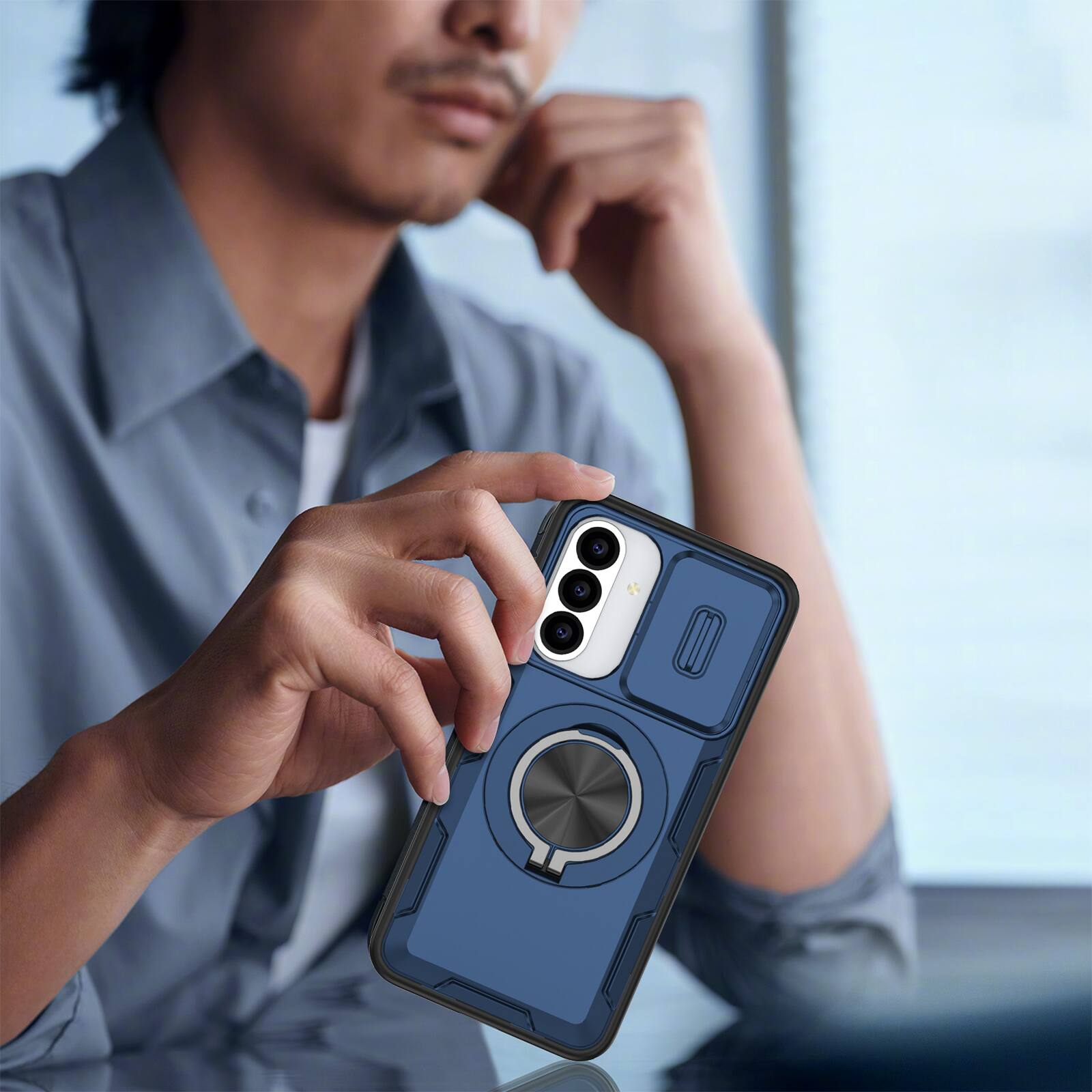 Alt View 4. UUCOVER - For Samsung Galaxy A36 5G / A56 5G Magnetic Kickstand Case with Slide Camera Cover, 360° Ring Holder Shockproof Shell - Darkblue.