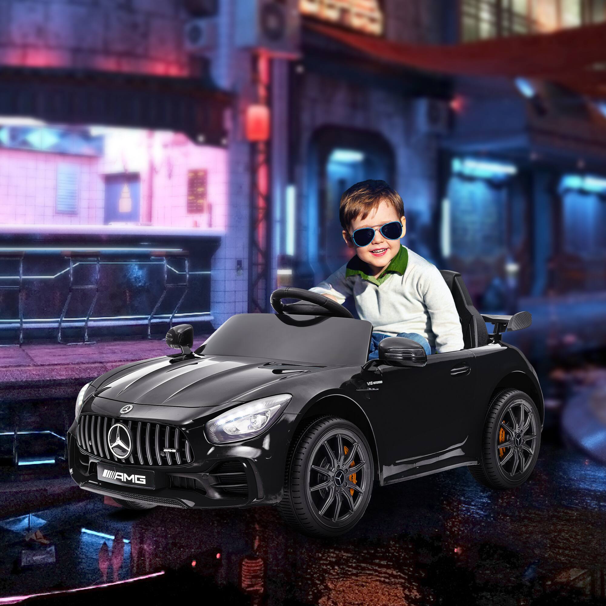 Angle. Qaba - Mercedes-Benz AMG GTR Licensed 12V Kids Ride on Car, Remote, Transport Wheels, Soft Start, Lights, Music, Horn for 3-6.