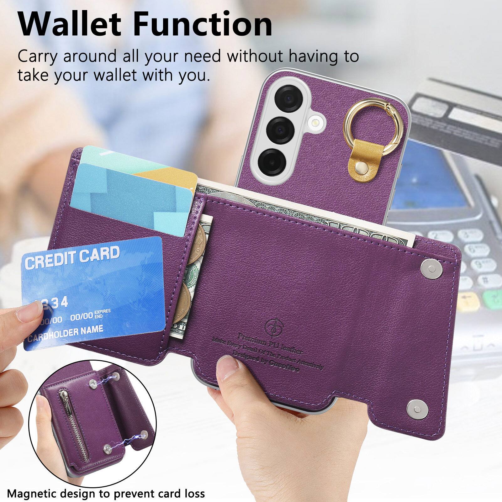 Wallet Function  
Carry around all your need without having to take your wallet with you.

CREDIT CARD  
34  
EXPIRES 00/00  
END 00/00  
CARDHOLDER NAME

Make TveryD Premium Desil PU caffier Designed OfThe Product by straforring Casolice

Magnetic design to prevent card loss