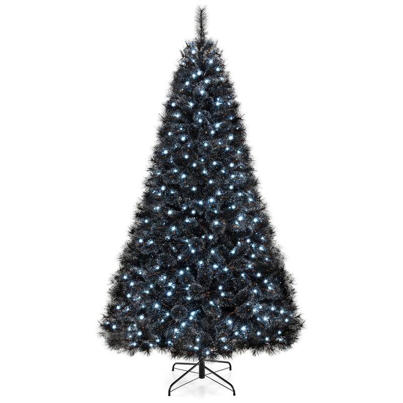 Front. WELLFOR - 8ft Pre‑Lit Artificial Halloween‑Christmas Tree, Black Hinged Xmas Tree with 860 Branch Tips& 450 LED Lights - Black.