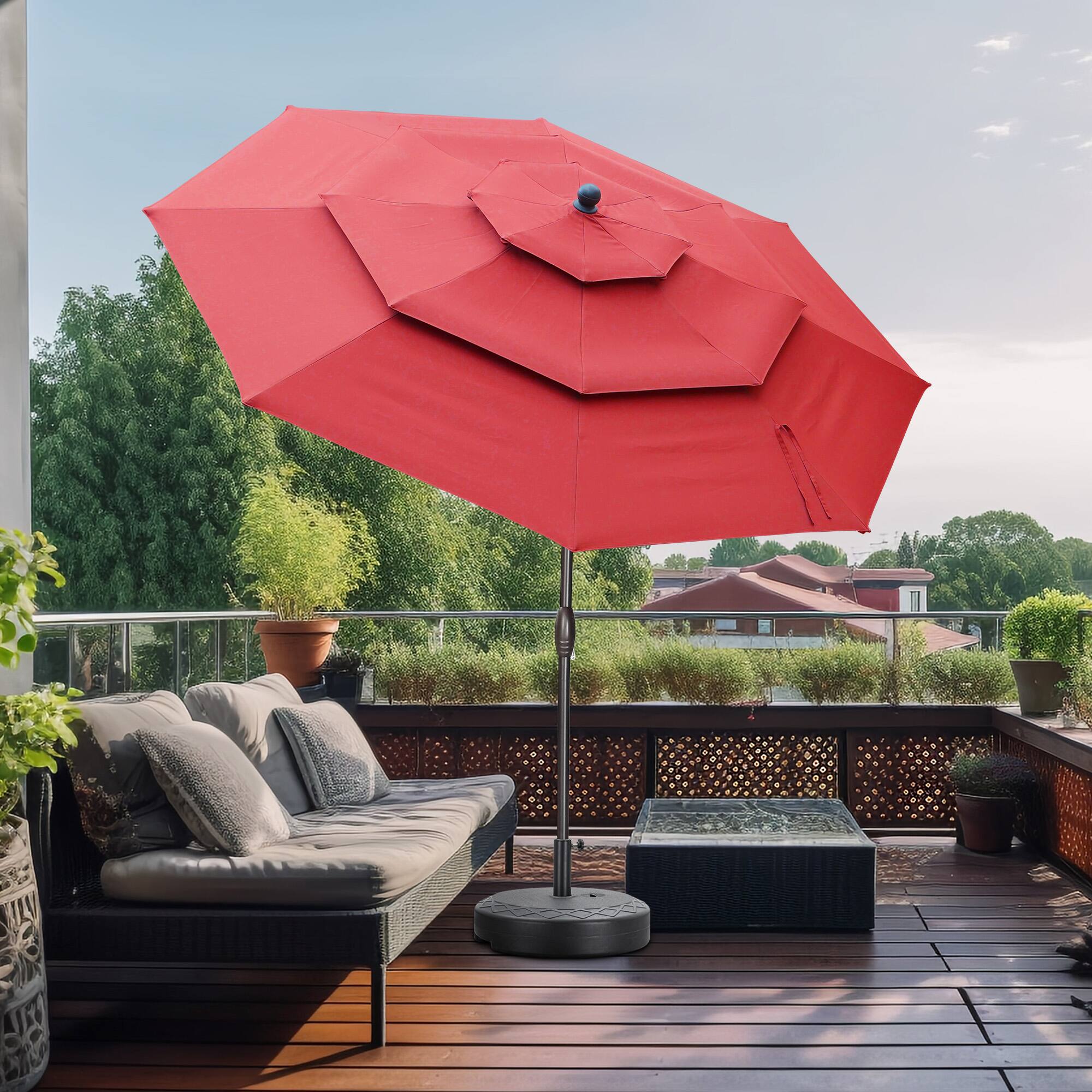 Angle. Ainfox - Ainfox 10 FT Outdoor Patio Umbrella with Base 3 Tiers Adjustable Umbrella with Crank & Tilt for Patio Backyard Poolside - Red.