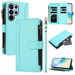 Dteck - Crossbody Wallet Case for Samsung Galaxy S26 Ultra, Shockproof Zipper PU Leather Flip Stand Cover with 9 Card Slots - Mint