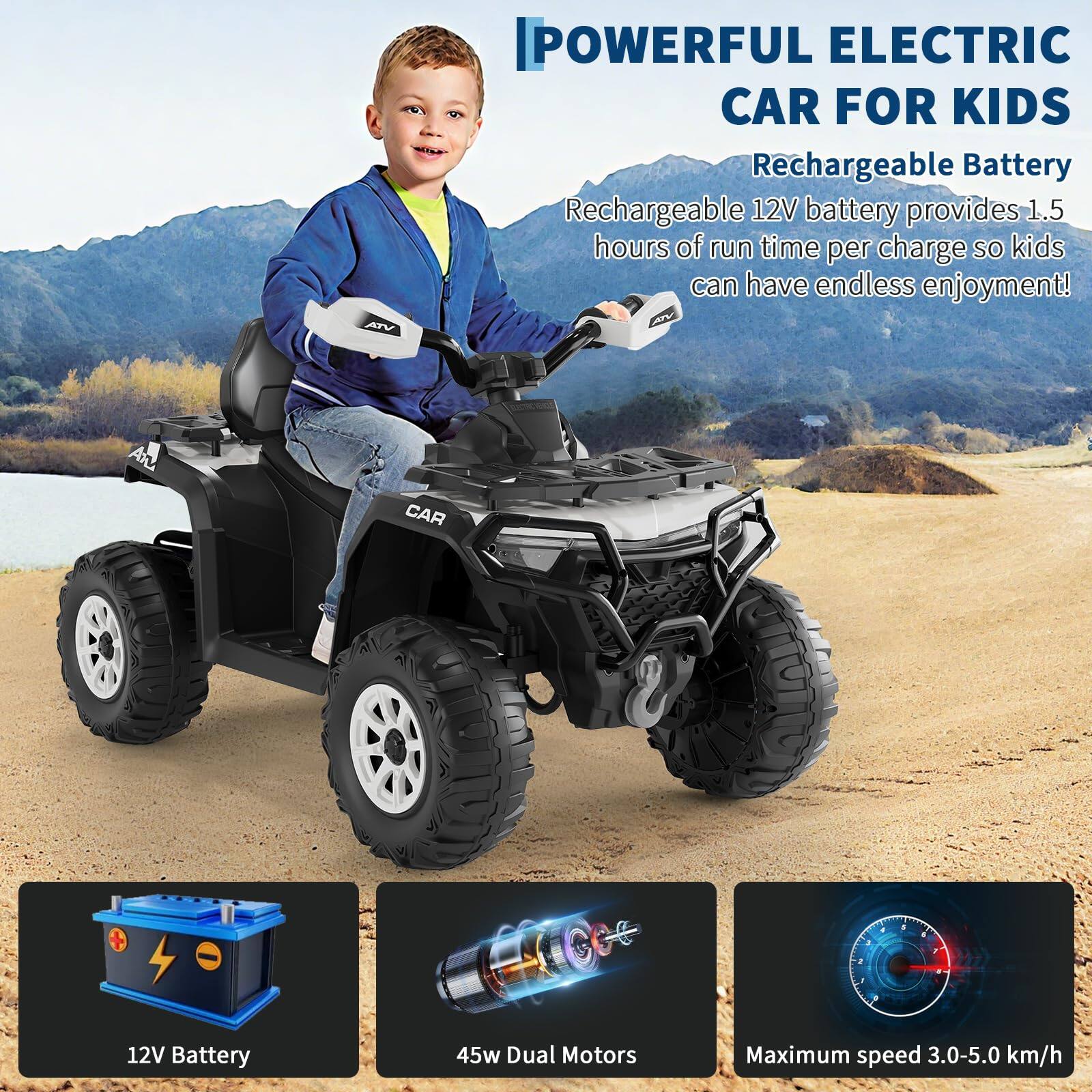 **POWERFUL ELECTRIC CAR FOR KIDS**

- Rechargeable Battery
  - Rechargeable 12V battery provides 1.5 hours of run time per charge so kids can have endless enjoyment!

- 12V Battery
- 45w Dual Motors
- Maximum speed 3.0-5.0 km/h