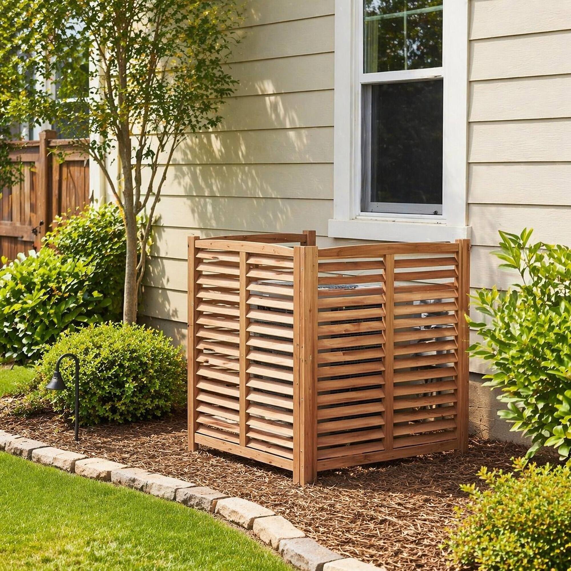 Alt View 2. RYHNUYNE - 3-Panel Outdoor Wood Privacy Screen for Air Conditioner, 32 by 38 Inch Solid Wood Fence with Ventilated Slat - Brown.