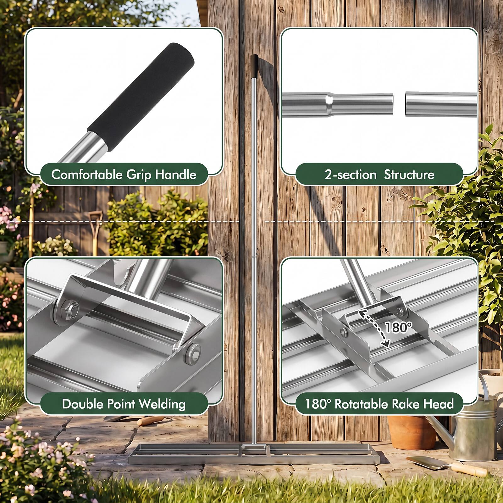 Comfortable Grip Handle  
2-section Structure  
Double Point Welding  
180° Rotatable Rake Head