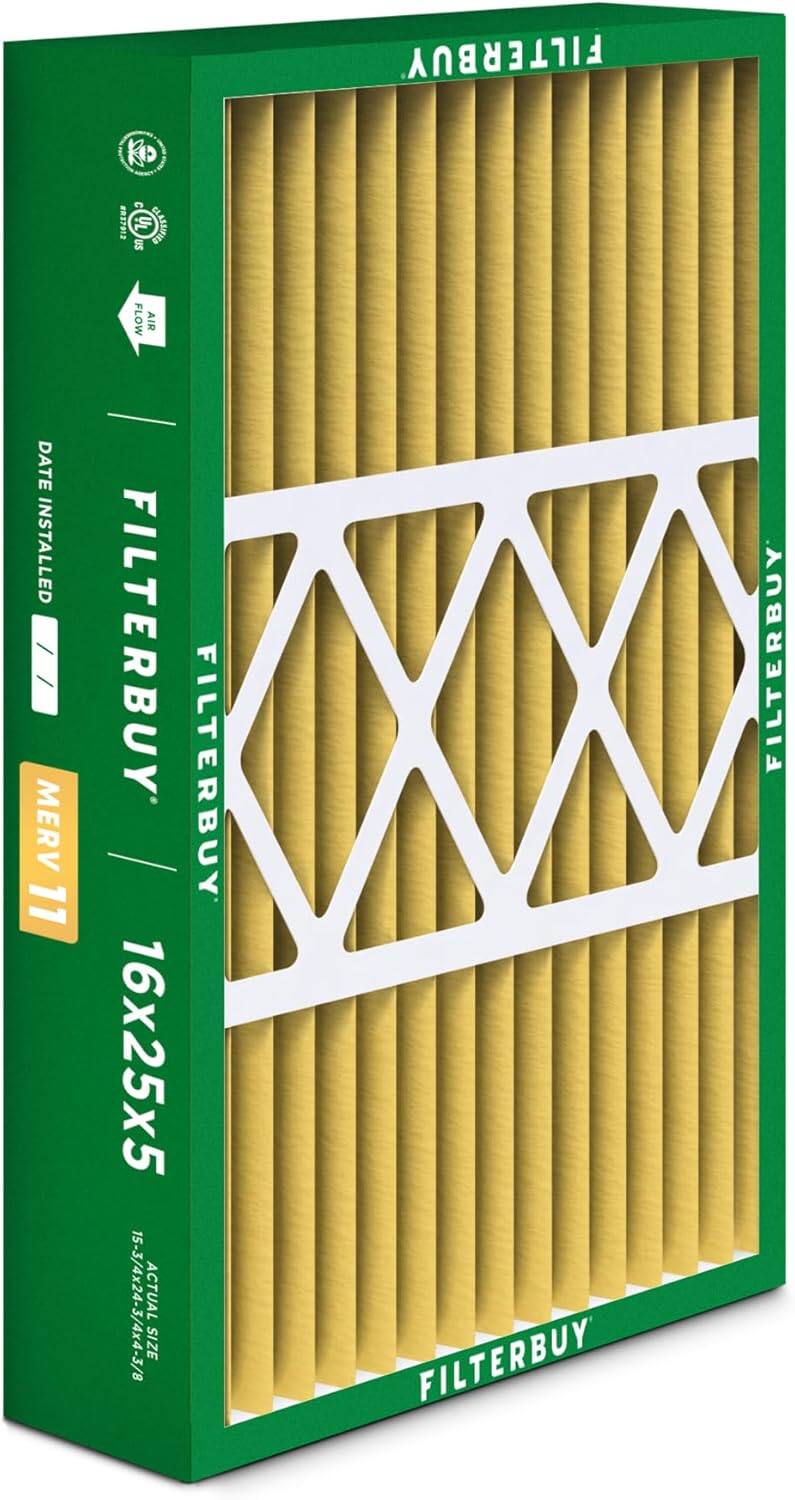 FILTERBUY P 37912 (T2) DURRAES Sn DATE INSTALLED MERV 11 FLOW AIR FILTERBUY 16x25x5 8/-/Sx/S-SI ACTUAL SIZE FILTERBUY FILTERBUY FILTERBUY