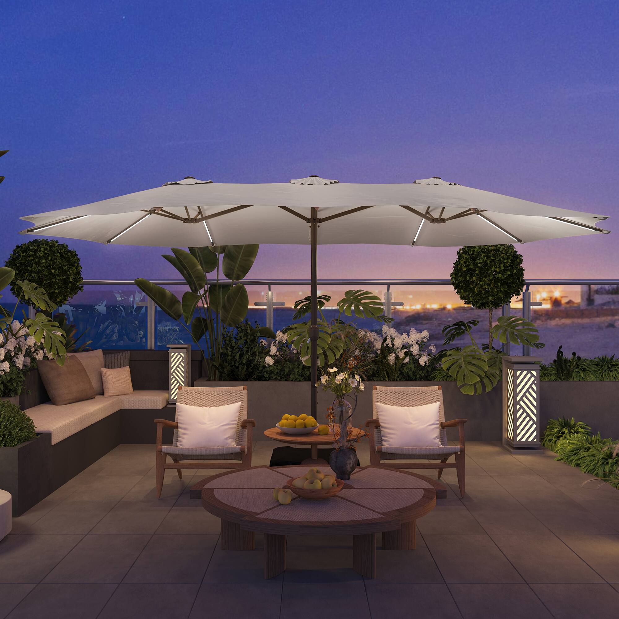 Left. Mondawe - 15ft Patio Maket Umbrella Solar light strip Double-sided umbrella with base - Beige.