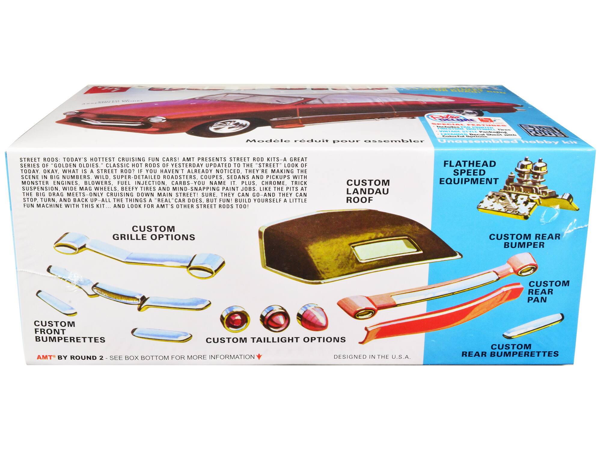 Sure, here is the corrected and grouped text from the image:

---

**STREET RODS: TODAY'S HOTTEST CRUISING FUN CARS!**

AMT PRESENTS STREET ROD KITS - A GREAT SERIES OF "GOLDEN OLDIES." CLASSIC HOT RODS OF YESTERDAY UPDATED TO THE "STREET" LOOK OF TODAY.

OKAY, WHAT IS A STREET ROD? IF YOU HAVEN'T ALREADY NOTICED, THEY'RE MAKING THE SCENE IN BIG NUMBERS WILD. SUPER-DETAILED ROADSTERS, COUPES, SEDANS AND PICKUPS WITH MONSTER ENGINES, BLOWERS, FUEL INJECTION, CARBS - YOU NAME IT. PLUS CHROME, TRICK SUSPENSION, WIDE MAG WHEELS, BEEFY TIRES AND MIND-SNAPPING PAINT JOBS LIKE THE PITS AT THE BIG DRAG MEETS - ONLY CRUISING DOWN MAIN STREET! SURE, THEY CAN GO - AND THEY CAN STOP, TURN, AND BACK UP - ALL THE THINGS A REAL "CAR" DOES. BUT FUN! BUILD YOURSELF A LITTLE FUN MACHINE WITH THIS KIT... AND LOOK FOR AM