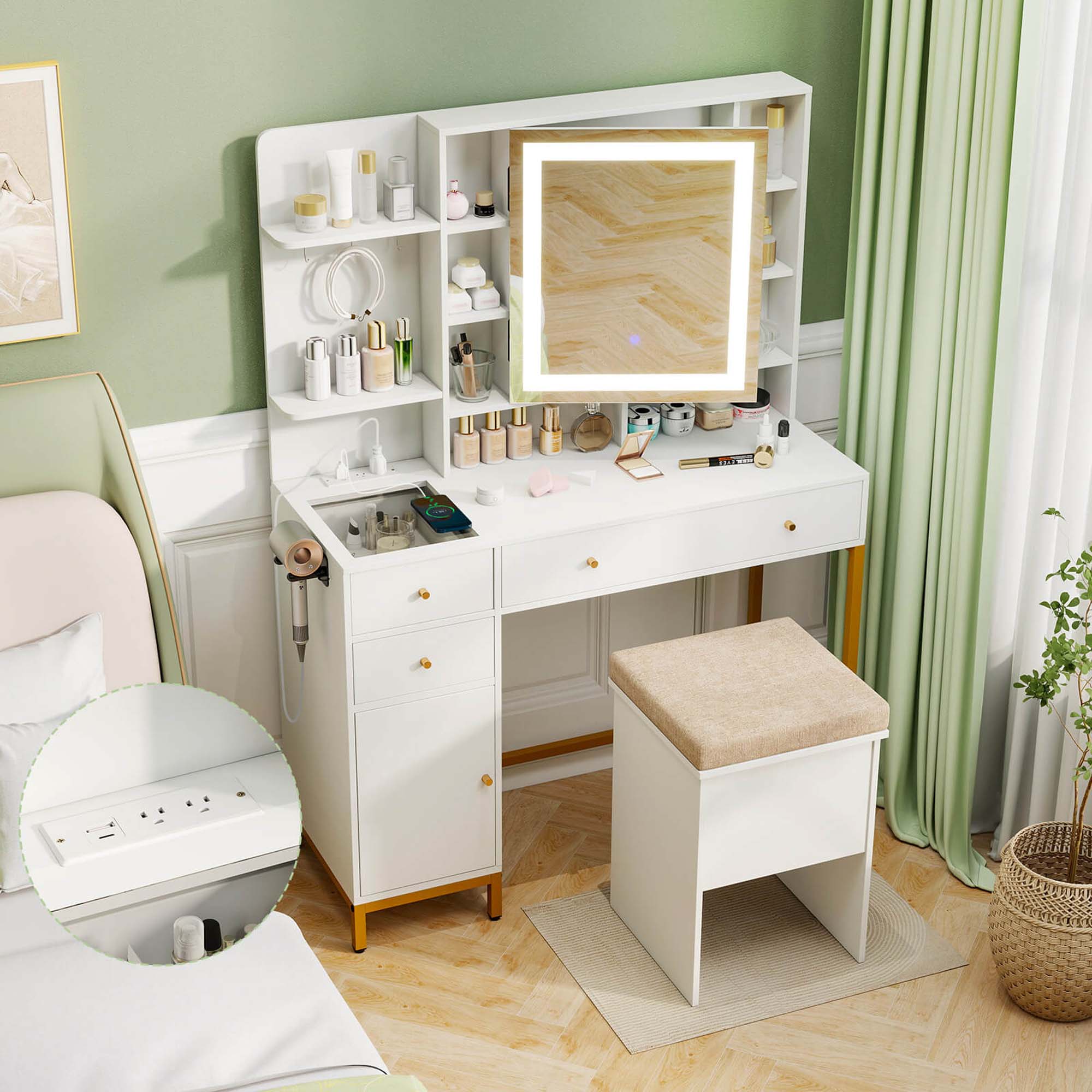 Alt View 3. Costway - Costway Makeup Vanity Desk with Lighted Mirror Charging Station 3-Color LED Lights - White.