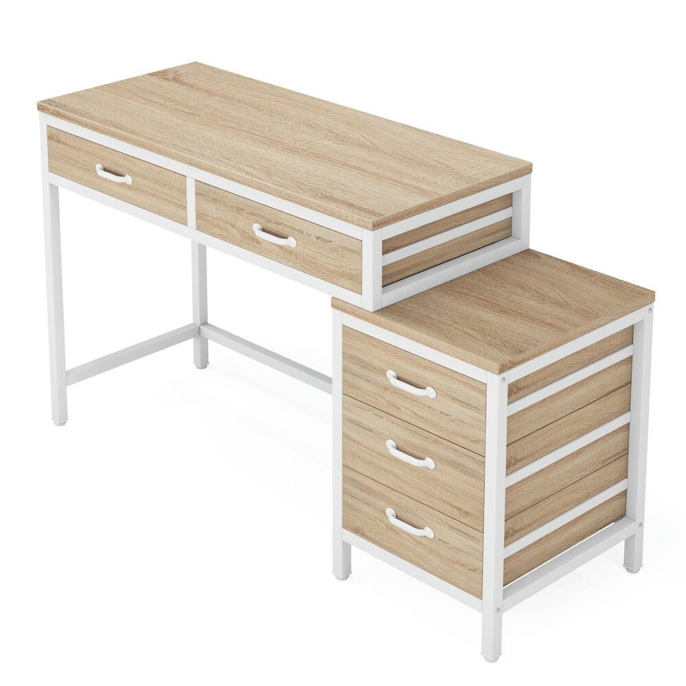 Left. Kadyn - Kadyn Study Writing Desk, 5-Drawer Computer Desk with Reversible Drawer Cabinet - Beige.
