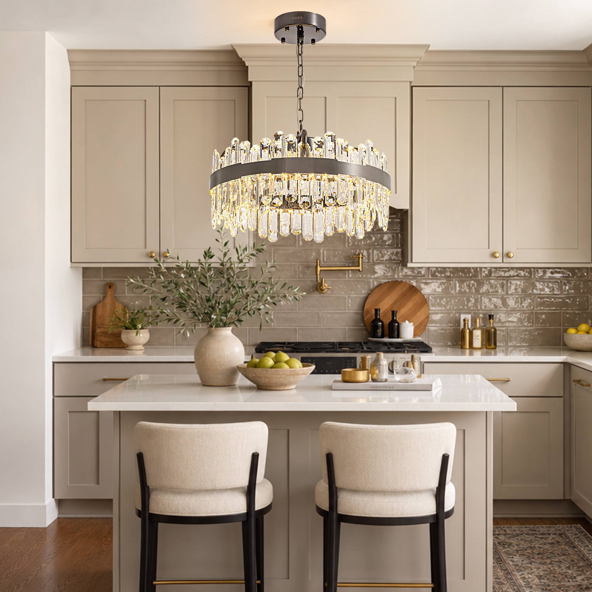 Alt View 2. Siljoy - 24-inch  Modern Round Clear Crystal Chandelier Dimmable Color Changing Pendant for Kitchen Island - Polished Nickel.
