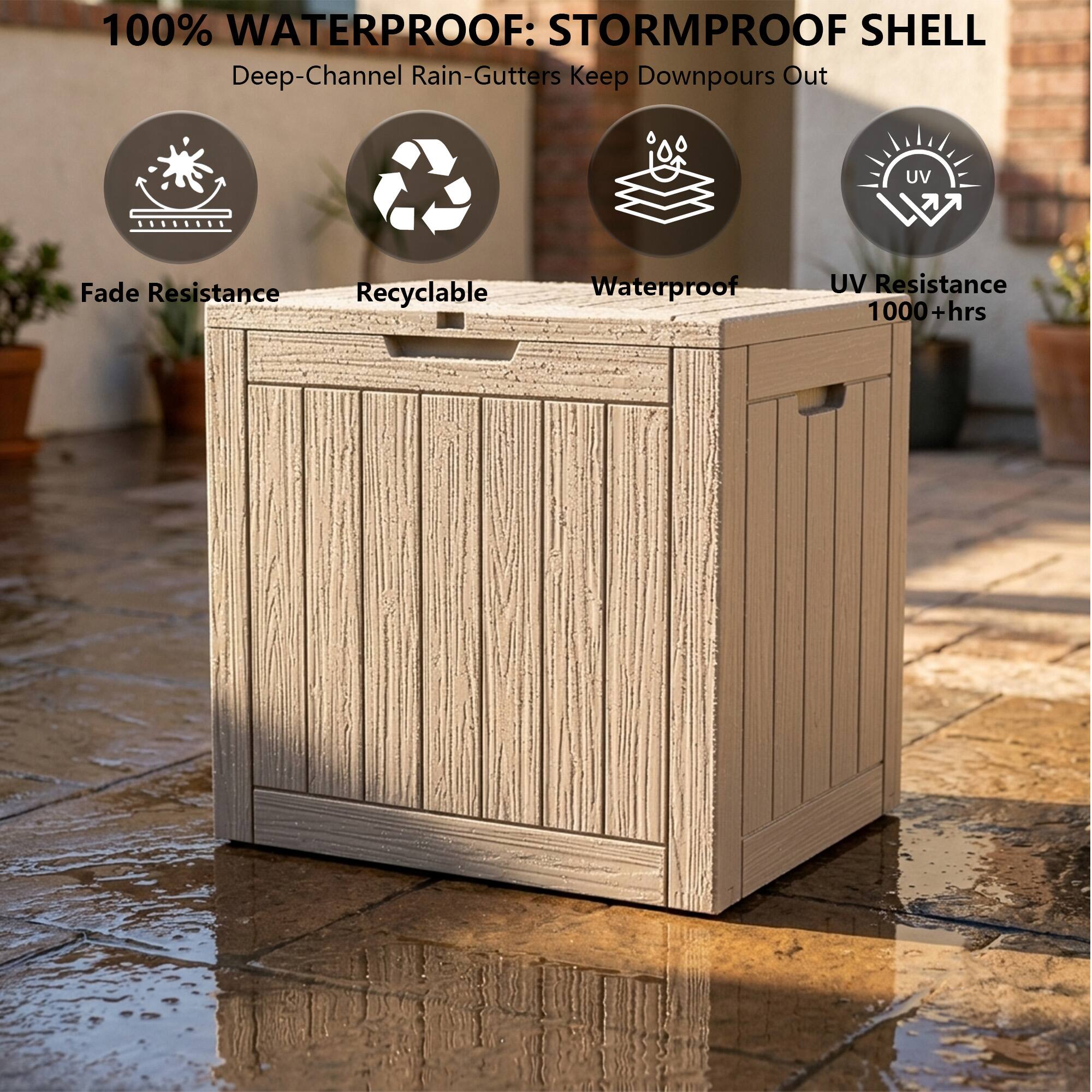 100% WATERPROOF: STORMPROOF SHELL  
Deep-Channel Rain-Gutters Keep Downpours Out  

- Fade Resistance  
- Recyclable  
- Waterproof  
- UV Resistance 1000+ hrs