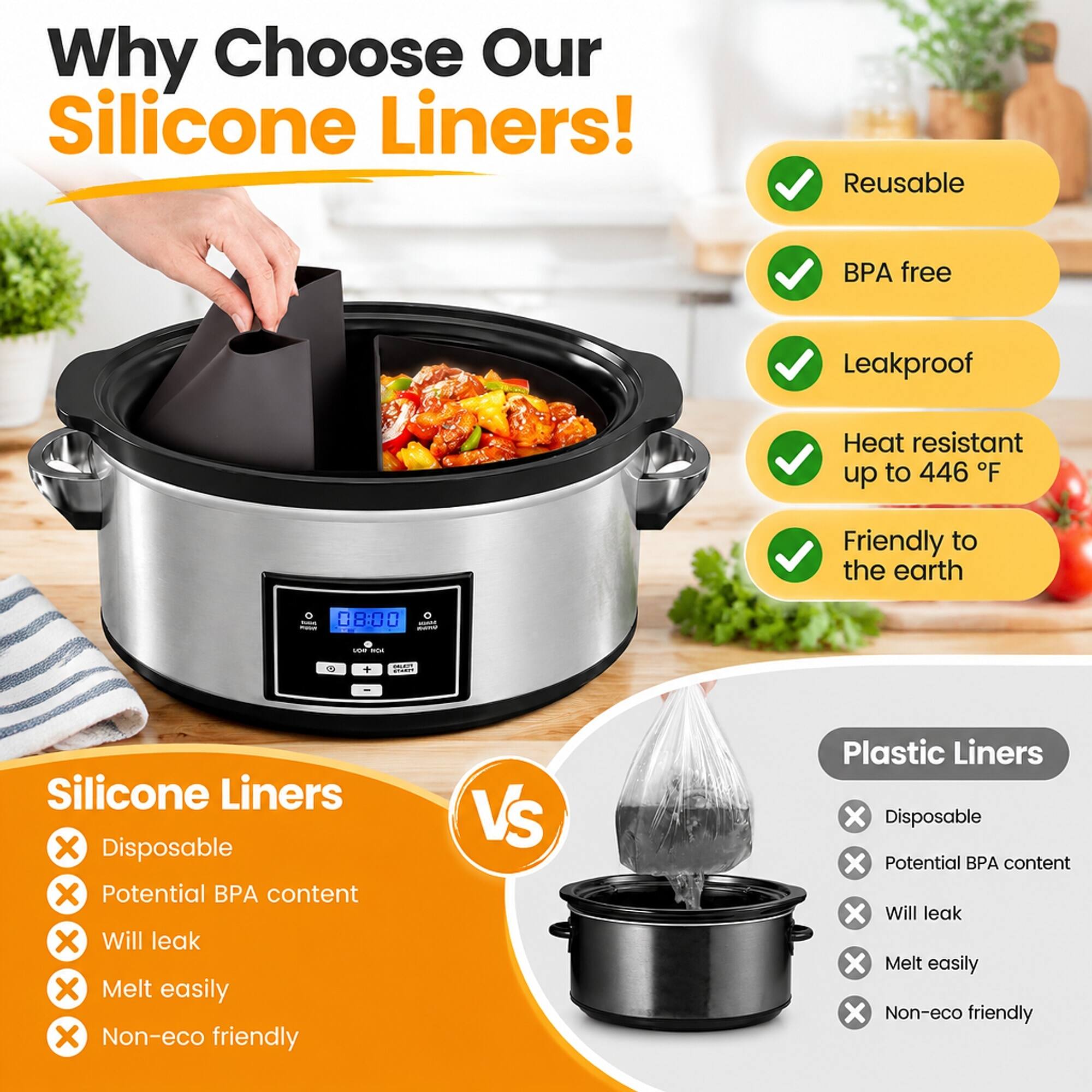 Why Choose Our Silicone Liners!

Reusable
BPA free
Leakproof
Heat resistant up to 446 F
Friendly to the earth

Silicone Liners
Disposable
Potential BPA content
Will leak
Melt easily
Non-eco friendly

VS

Plastic Liners
Disposable
Potential BPA content
Will leak
Melt easily
Non-eco friendly