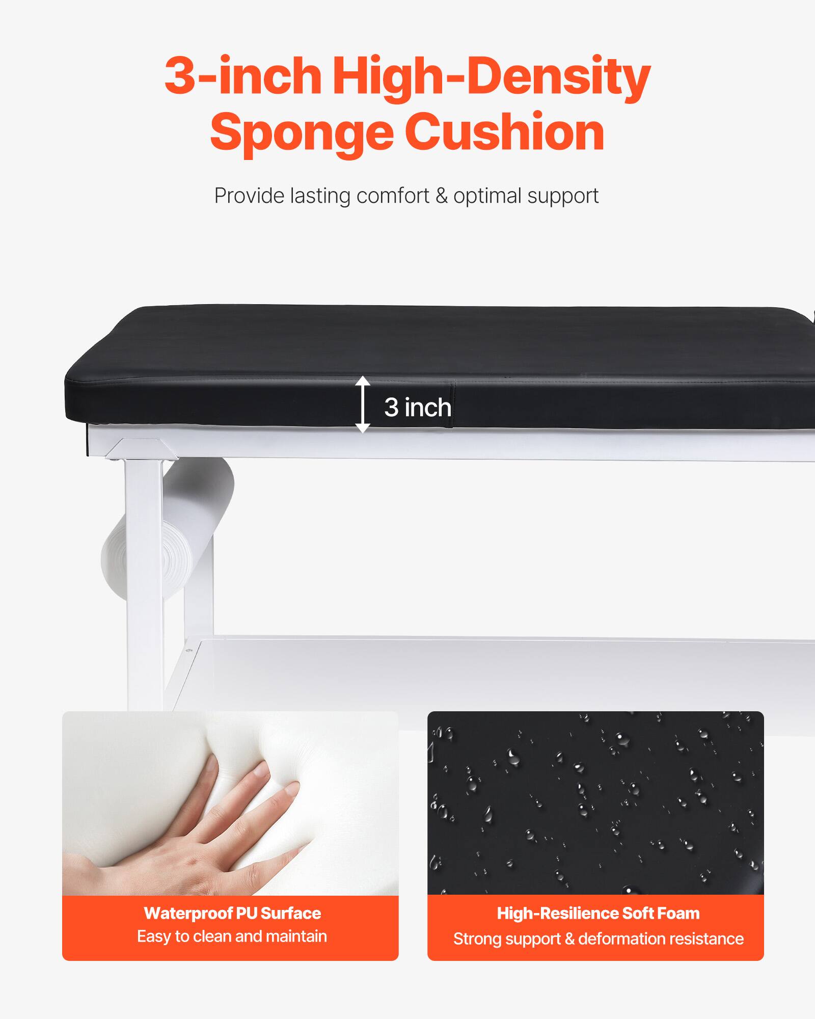 3-inch High-Density Sponge Cushion  
Provide lasting comfort & optimal support  

3-inch Waterproof PU Surface  
Easy to clean and maintain  

High-Resilience Soft Foam  
Strong support & deformation resistance