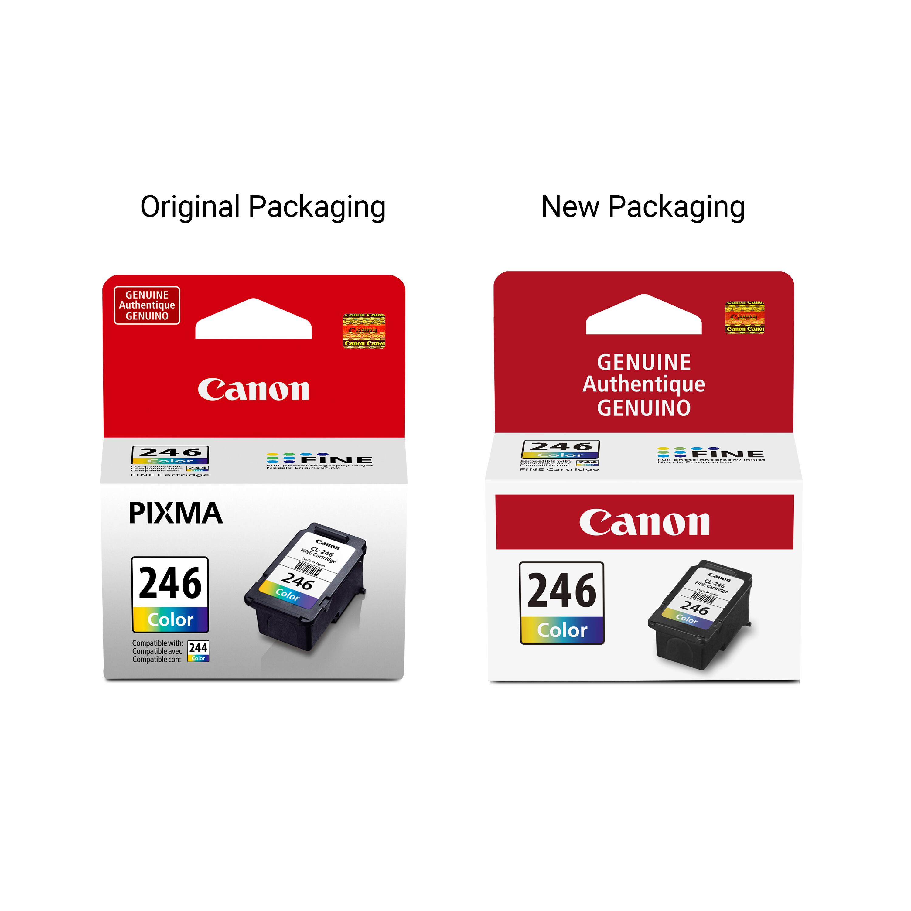 Original Packaging  
New Packaging  

GENUINE Authentique GENUINO  
Canon  

PIXMA  
246  
Color  
Compatible with: 244  
Compatible con: 244  

FINE  
Canon  

246  
Color  

Compatible with: 244  
Compatible con: 244