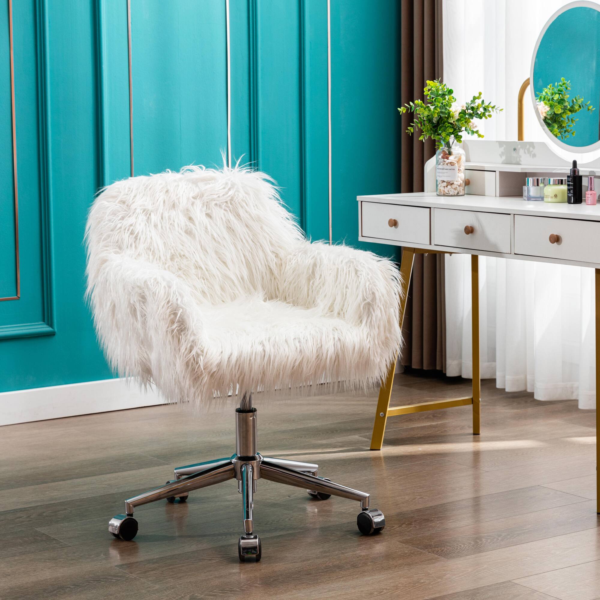 Angle. Spaco - Spaco Modern Faux Fur Home Office Chair, Fluffy Chair for Girls, Makeup Vanity Chair, for Bedroom and Dorm Room - White.