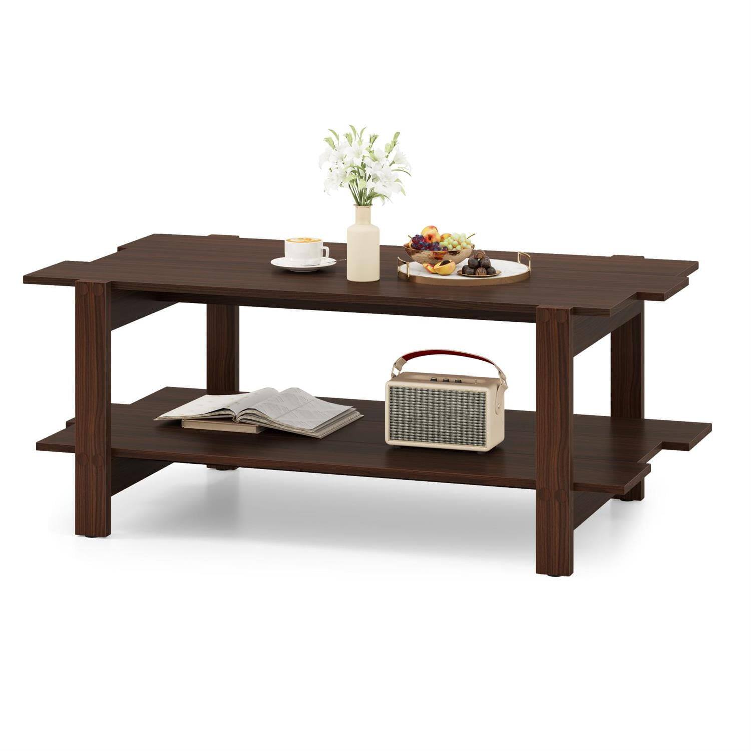 Left. Pefilos - 2-Tier Coffee Table, Slatted Wood Tabletop, Open Storage Shelf, Crossbar Reinforced Frame, Walnut - Brown.