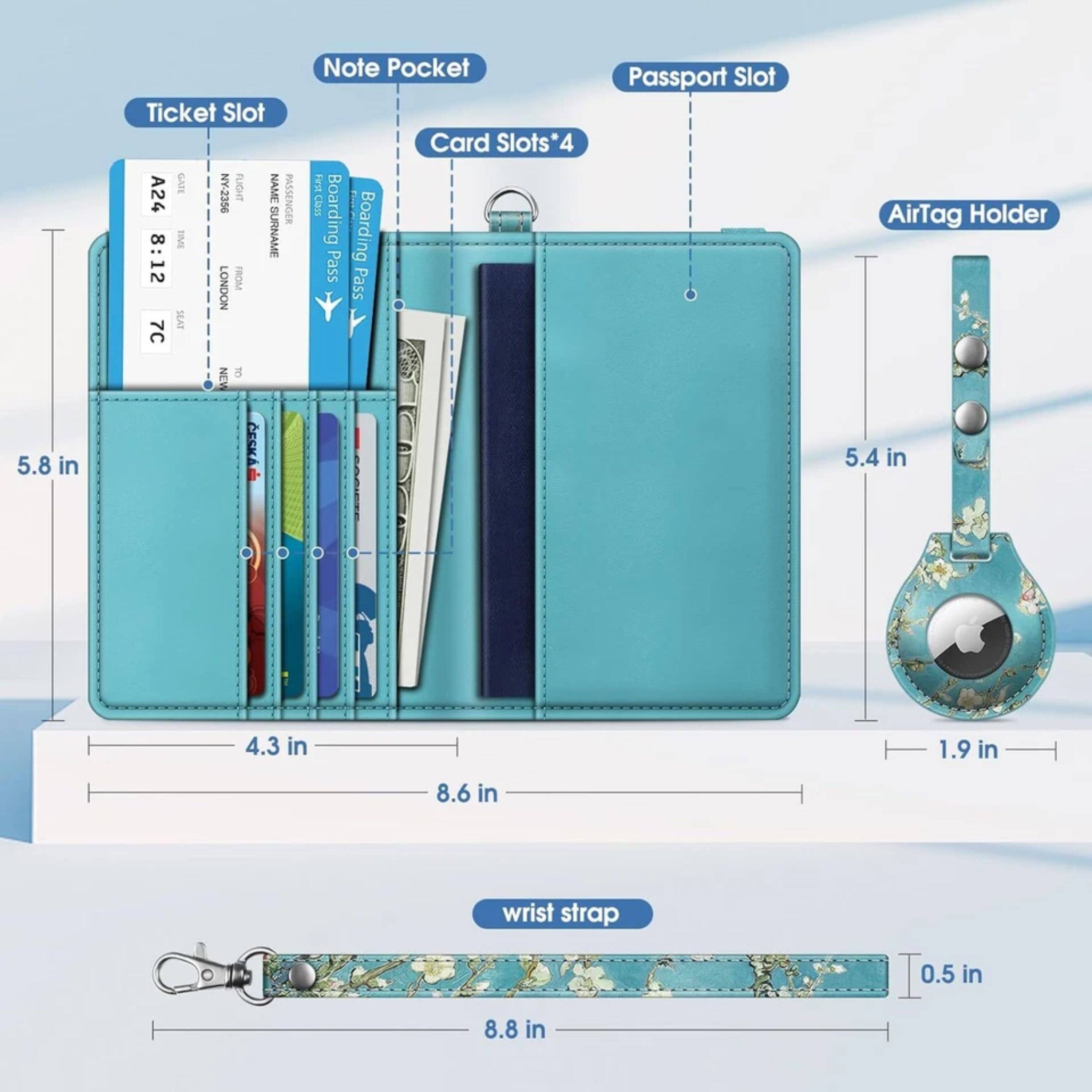 Ticket Slot A24 SIVD 9GEZ-AN FUCHT  
NAME PASSENGER TIME SURNAME 8:12 FROM LONDON SLAT 7C  

Note Pocket  
Card Slots*4  
Passport Slot  
AirTag Holder  

Dimensions:  
- Ticket Slot: 5.8 in  
- Note Pocket: 5.4 in  
- Card Slots: 4.3 in  
- Passport Slot: 8.6 in  
- AirTag Holder: 1.9 in  
- Wrist strap: 8.8 in (0.5 in width)  

*4 refers to the number of card slots.
