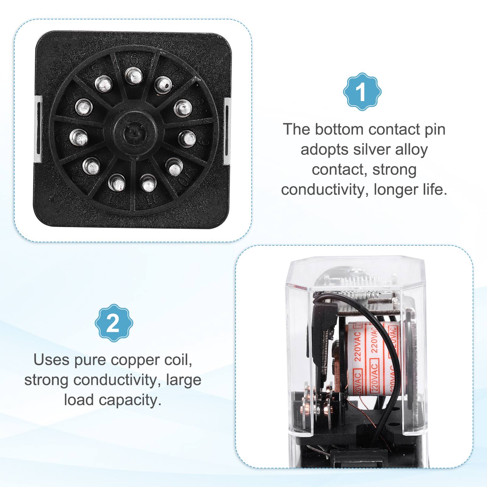 1. The bottom contact pin adopts silver alloy contact, strong conductivity, longer life.
2. Uses pure copper coil, strong conductivity, large load capacity.

220VAC 20VAC 220VAC 220VAC