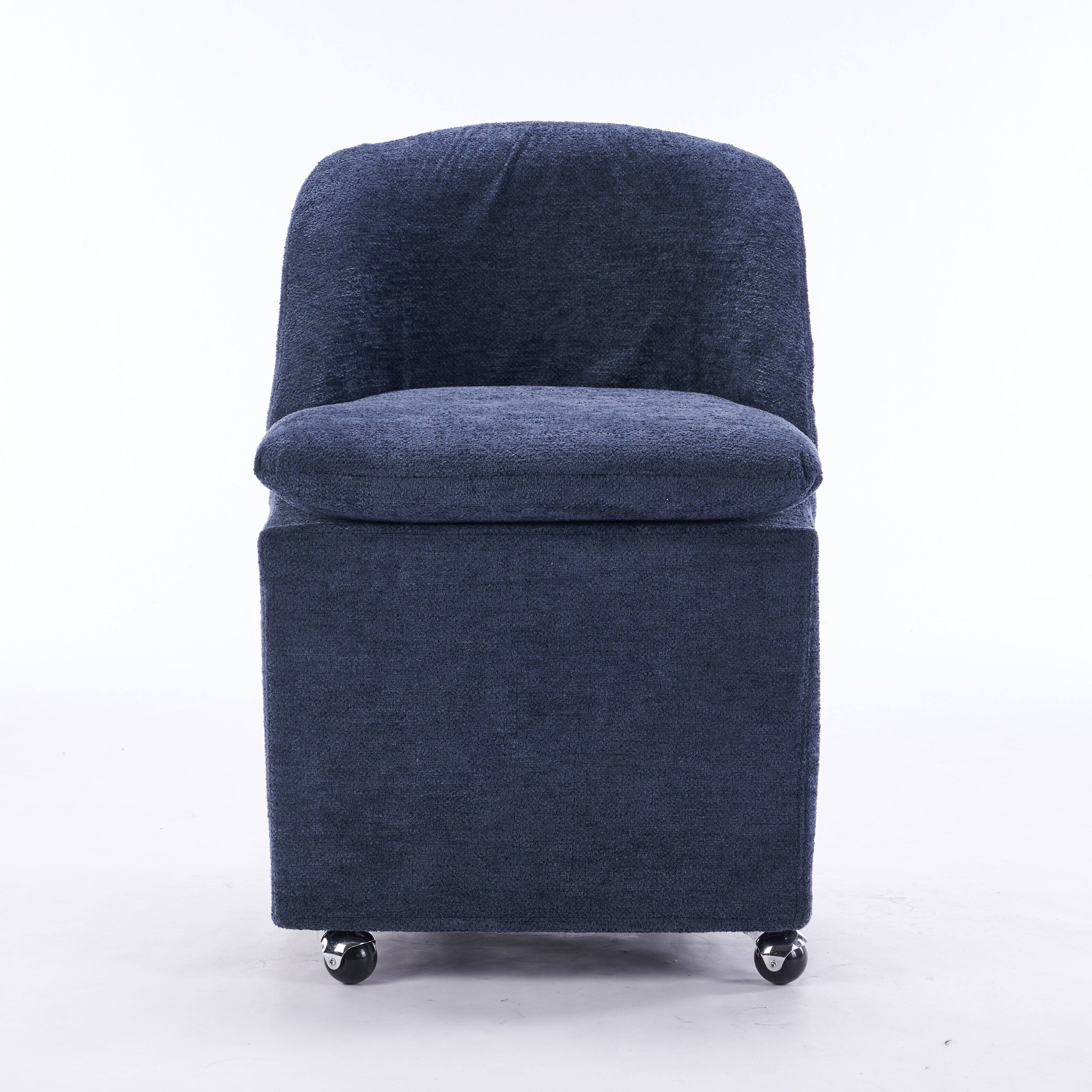 Back. Whisen - Set of 2 Chenille Upholstered Dining Armchair with 360° Swivel Wheels for Kitchen and Dining - Blue.