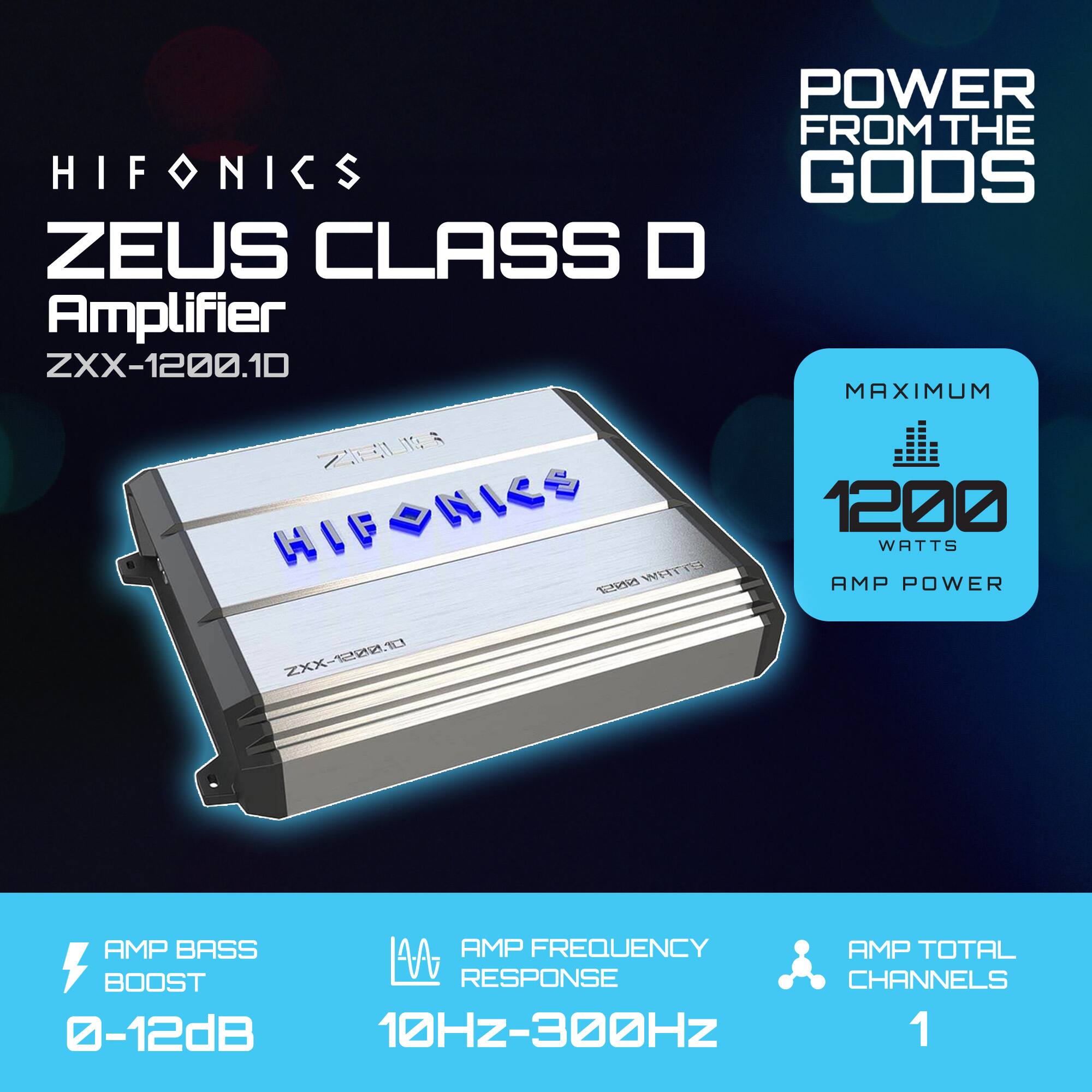 HIFONICS  
ZEUS CLASS D  
Amplifier  
ZXX-1200.1D  

POWER FROM THE GODS  

MAXIMUM  
1200 WATTS  
AMP POWER  

AMP BASS BOOST  
0-12dB  

AMP FREQUENCY RESPONSE  
10HZ-300HZ  

AMP TOTAL CHANNELS  
1