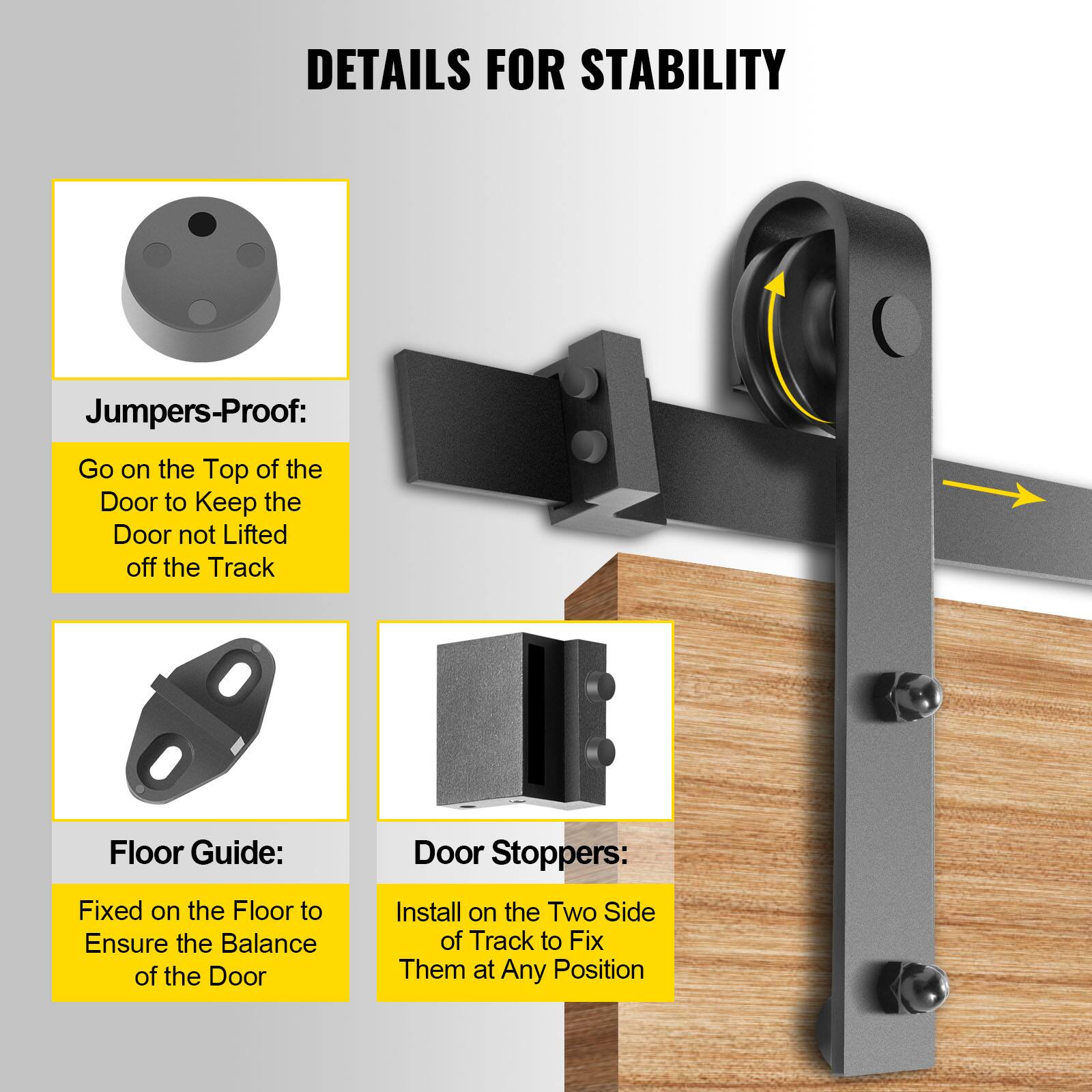 DETAILS FOR STABILITY

Jumpers-Proof:  
Go on the Top of the Door to Keep the Door not Lifted off the Track

Floor Guide:  
Fixed on the Floor to Ensure the Balance of the Door

Door Stoppers:  
Install on the Two Side of Track to Fix Them at Any Position