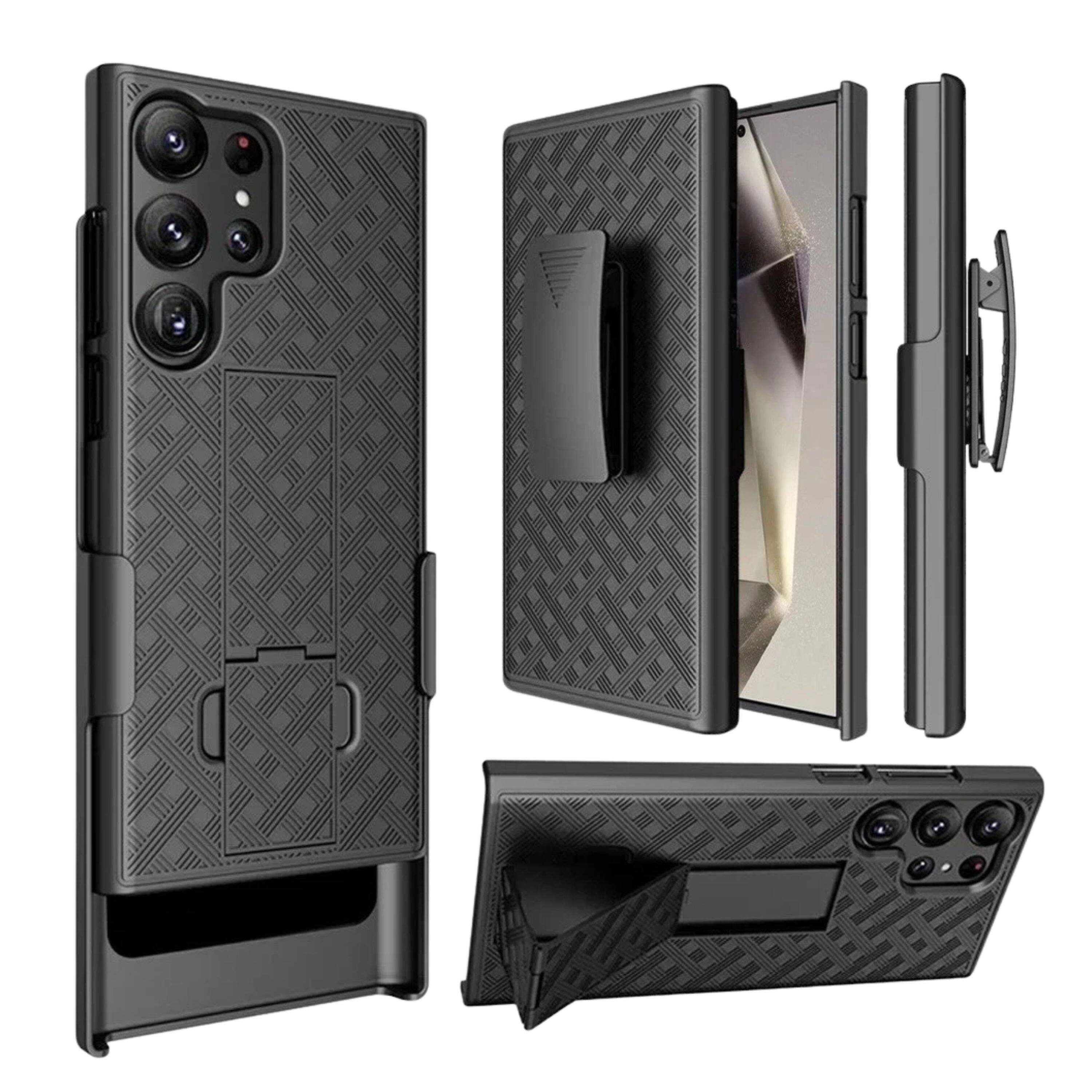 Angle. Kitcheniva - 3in1 Belt-Clip Holster Stand Phone Case With Tempered Glass For Samsung Galaxy S25 Ultra - Black.