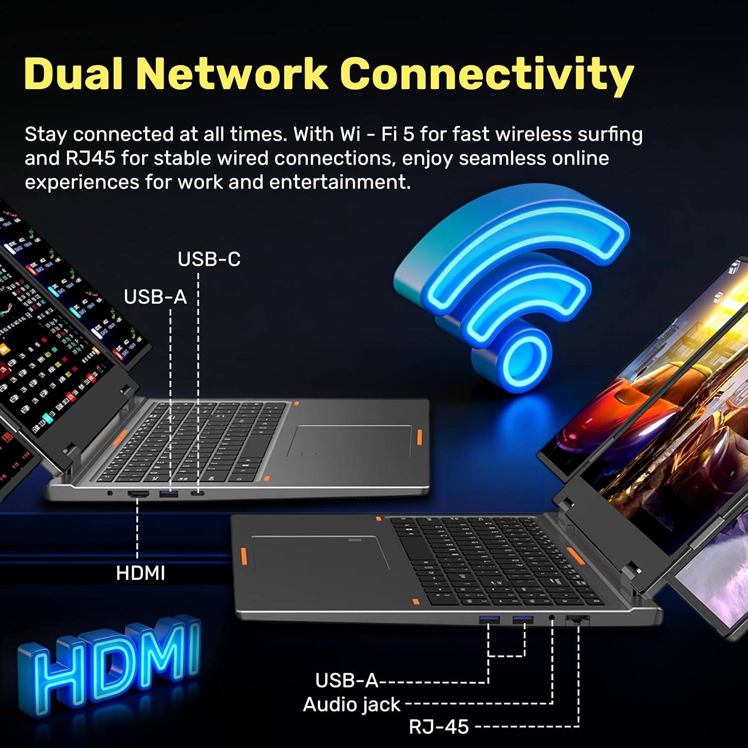 Dual Network Connectivity

Stay connected at all times. With Wi-Fi 5 for fast wireless surfing and RJ45 for stable wired connections, enjoy seamless online experiences for work and entertainment.

- USB-C
- USB-A
- HDMI
- USB-A
- Audio jack
- RJ-45