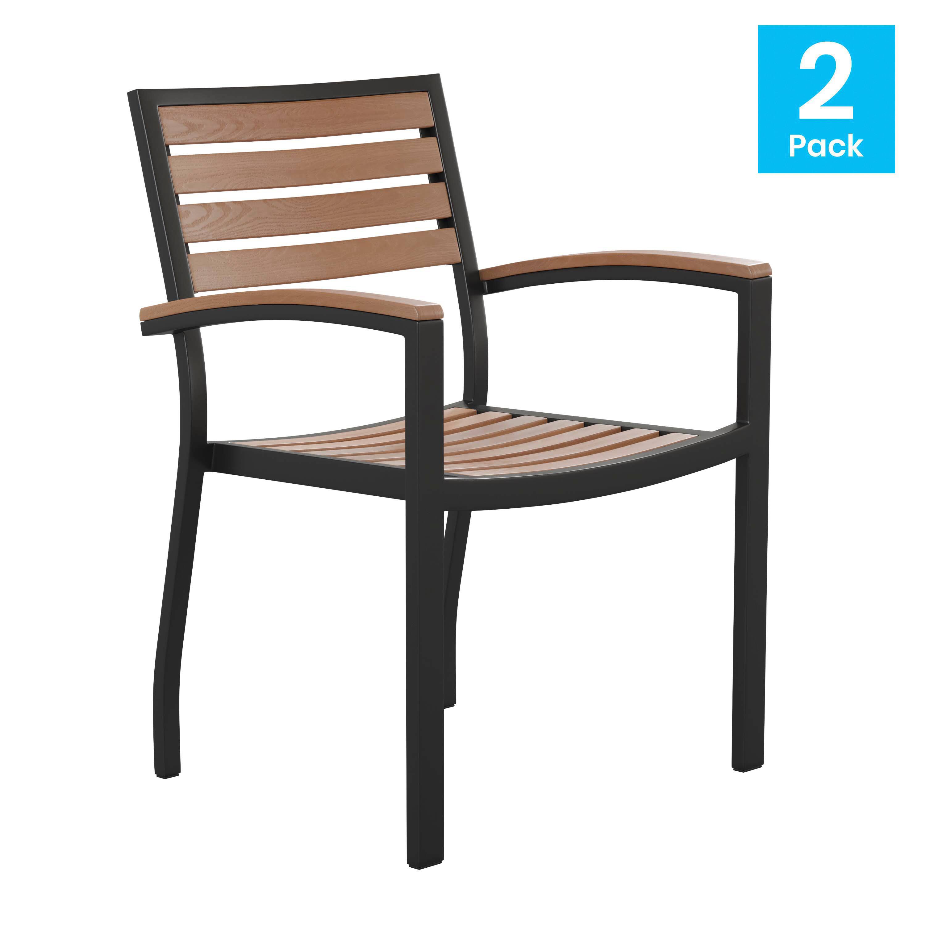Alt View 1. Emma + Oliver - Set of 2 Stackable All-Weather Aluminum Patio Chairs with Faux Teak Slats - Teak.