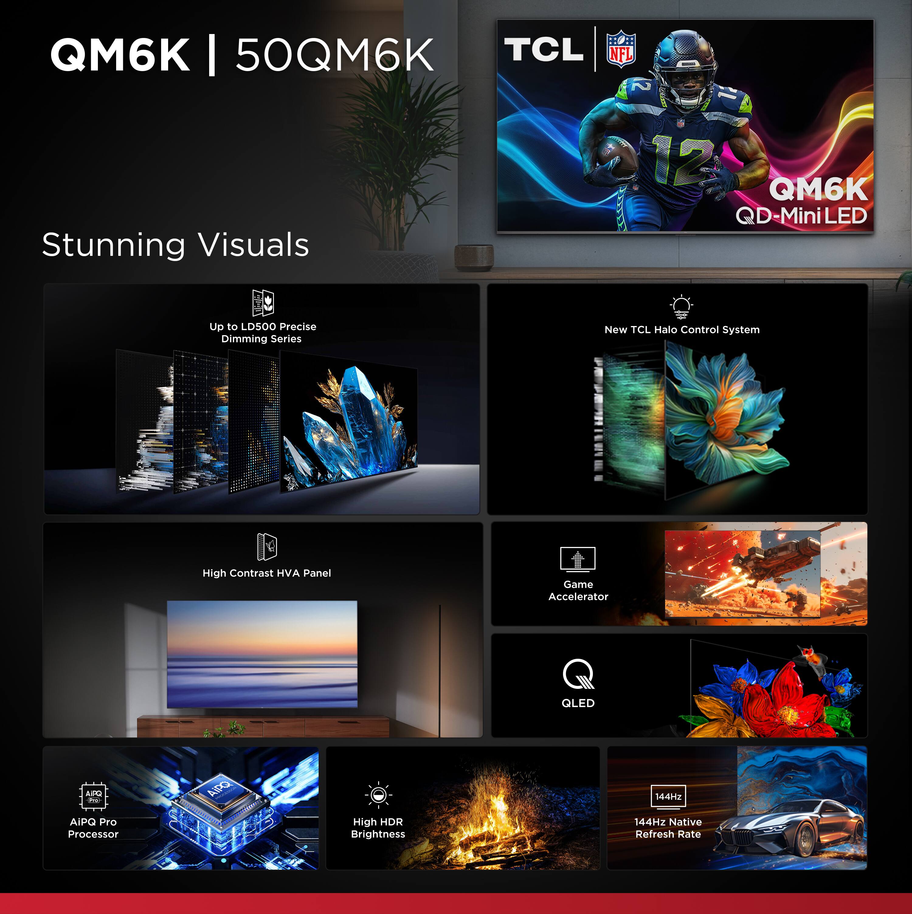 The text on the image can be grouped and corrected as follows:

1. QM6K I 50QM6K TCL NFL
2. Stunning Visuals
3. 12 QM6K QD-MiniLED
4. Up to LDSOO Precise Dimming Series
5. New TCL Halo Control System
6. High Contrast HVA Panel
7. Game Accelerator OLED
8. AIL - AIRG HA AIPQ Pro Processor
9. High HDR Brightness
10. 144HZ Native Refresh Rate