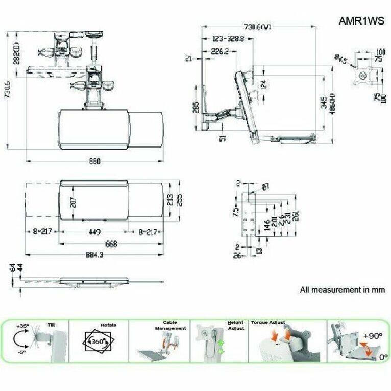 Sure, here is the corrected and grouped text from the image:

---

**AMR1WS**

- **Dimensions:**
  - 730.6(W) x 123-328.8 x 226.2
  - 880(H) x 486(H)
  - 8-217 x 449 x 668
  - 884.3
  - 21-730.6
  - 282(D)
  - 207
  - 255
  - 261
  - 146
  - 201
  - 13

- **Adjustments:**
  - Height Adjust
  - Torque Adjust
  - +35° Tilt
  - Rotate 360°
  - Cable Management
  - +90°

- **All measurements in mm**

---

This text includes the dimensions, adjustments, and notes from the image.