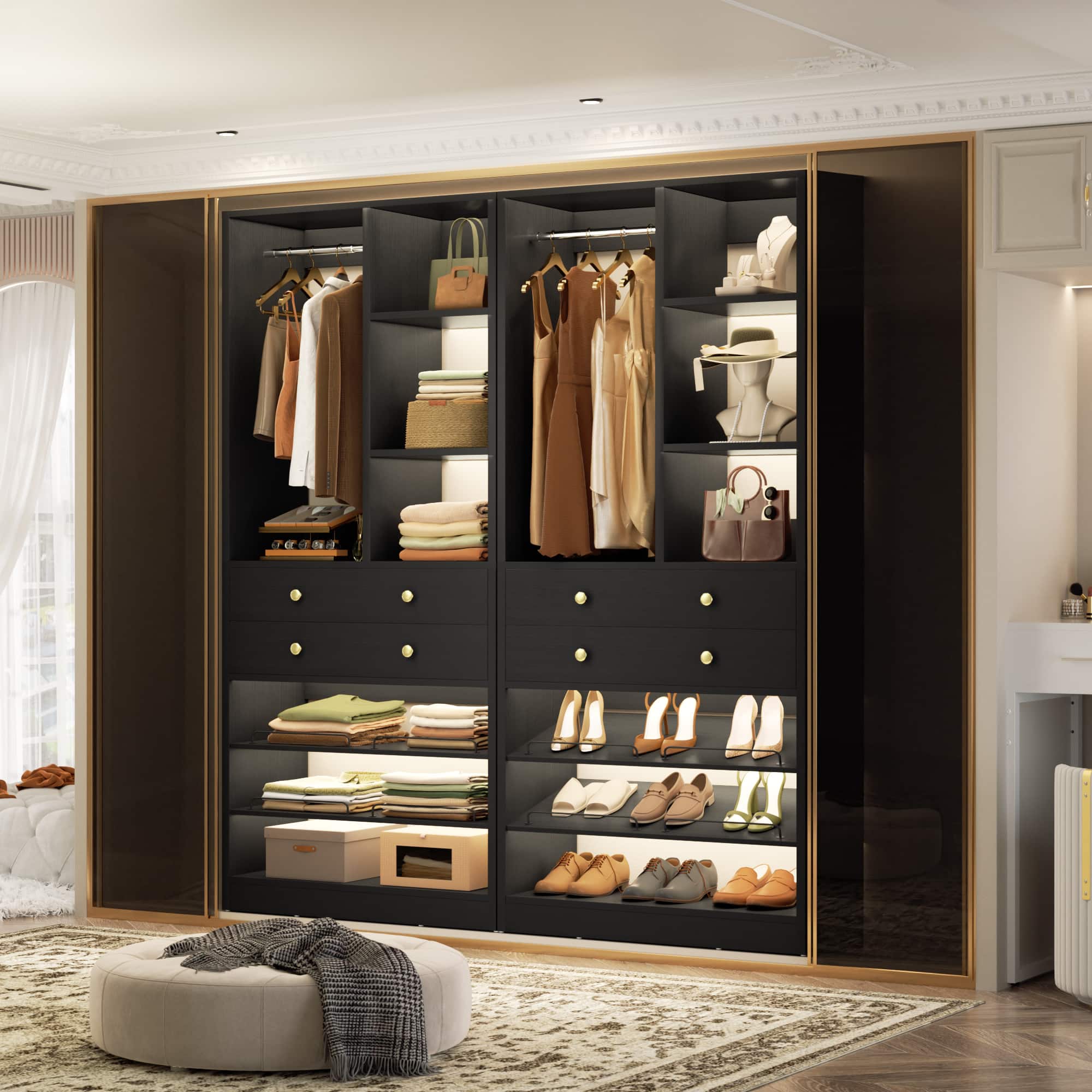 Aheaplus - 55.5" Closet Organizer System (2-Pack) – Free-Standing, 1200+ LBS, Drawers & Shelves for Small Walk-In Closets - Black