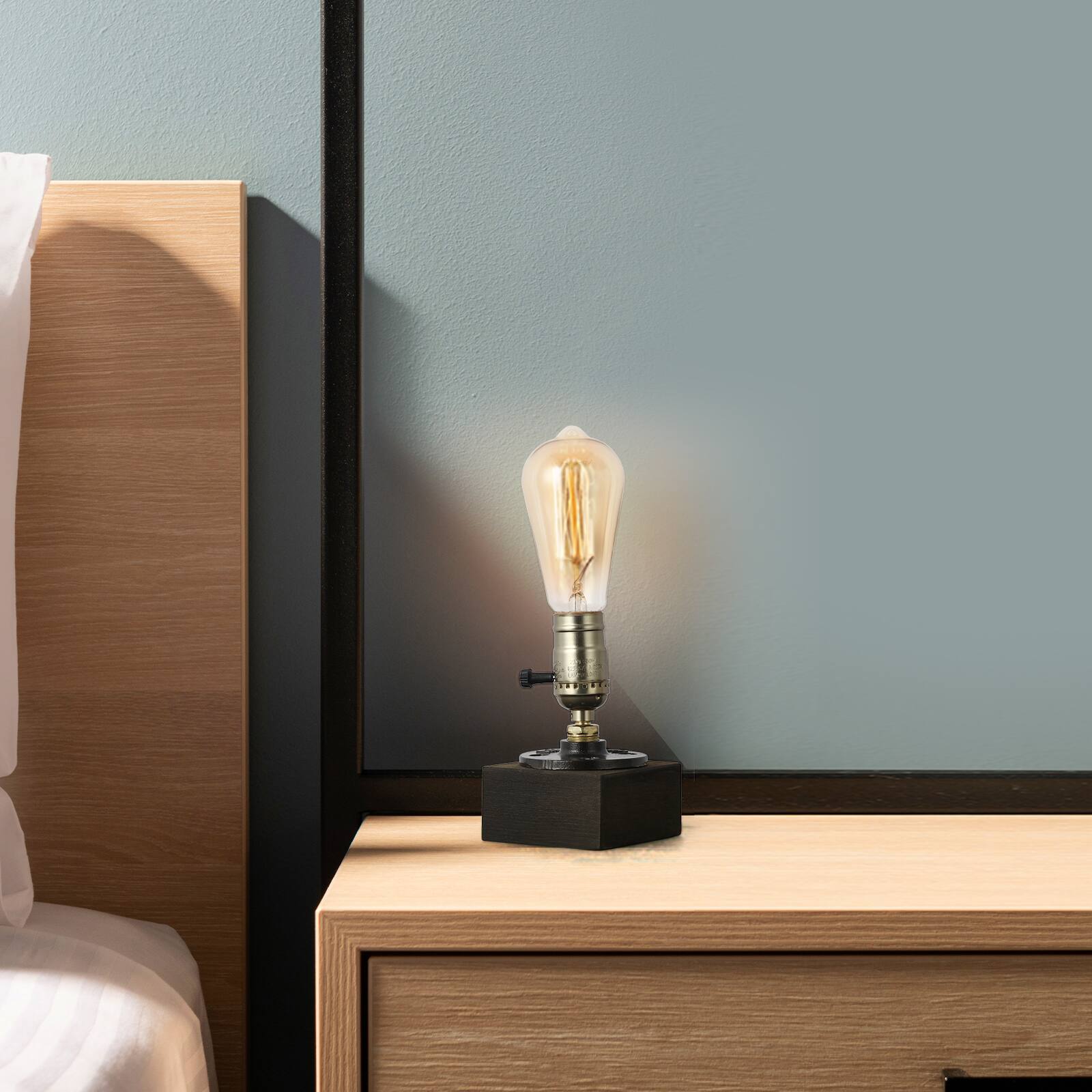Back. Oumilen - Industrial Wood Base Table Lamp – Vintage Edison Desk Lamp with Brass Socket for Bedroom, Living Room.