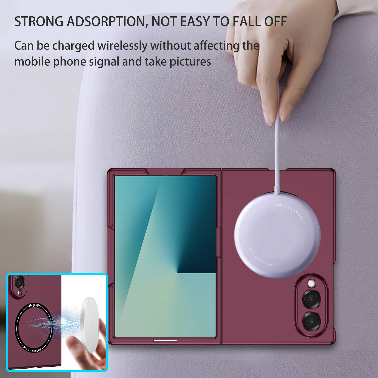 STRONG ADSORPTION, NOT EASY TO FALL OFF  
Can be charged wirelessly without affecting the mobile phone signal and take pictures