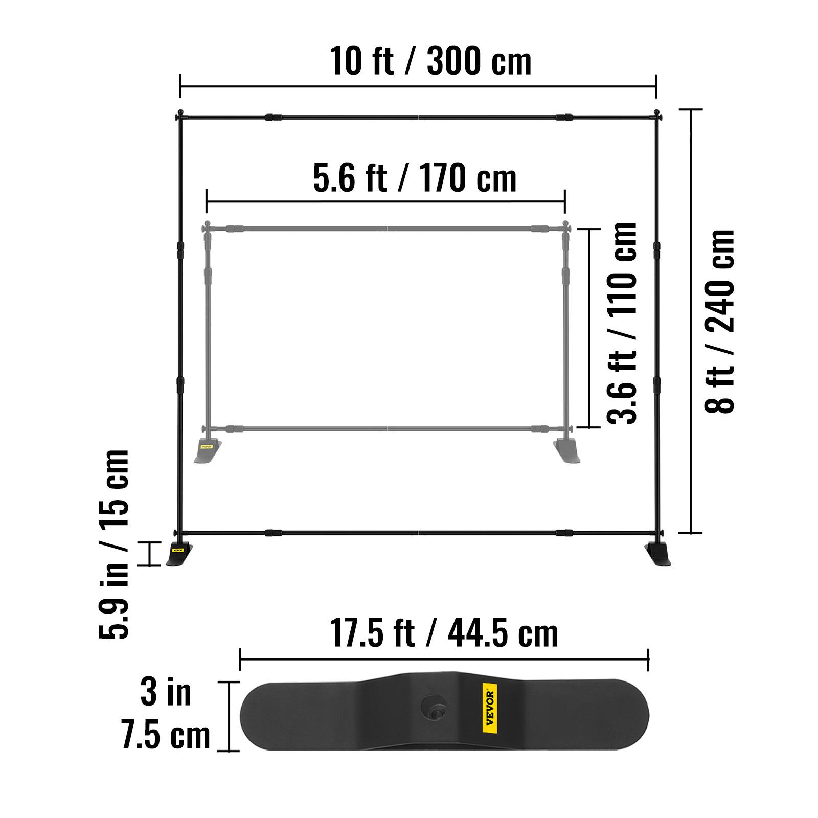 - 10 ft / 300 cm
- 5.6 ft / 170 cm
- 3.6 ft / 110 cm
- 8 ft / 240 cm
- 17.5 ft / 44.5 cm
- 5.9 in / 15 cm
- 3 in / 7.5 cm
